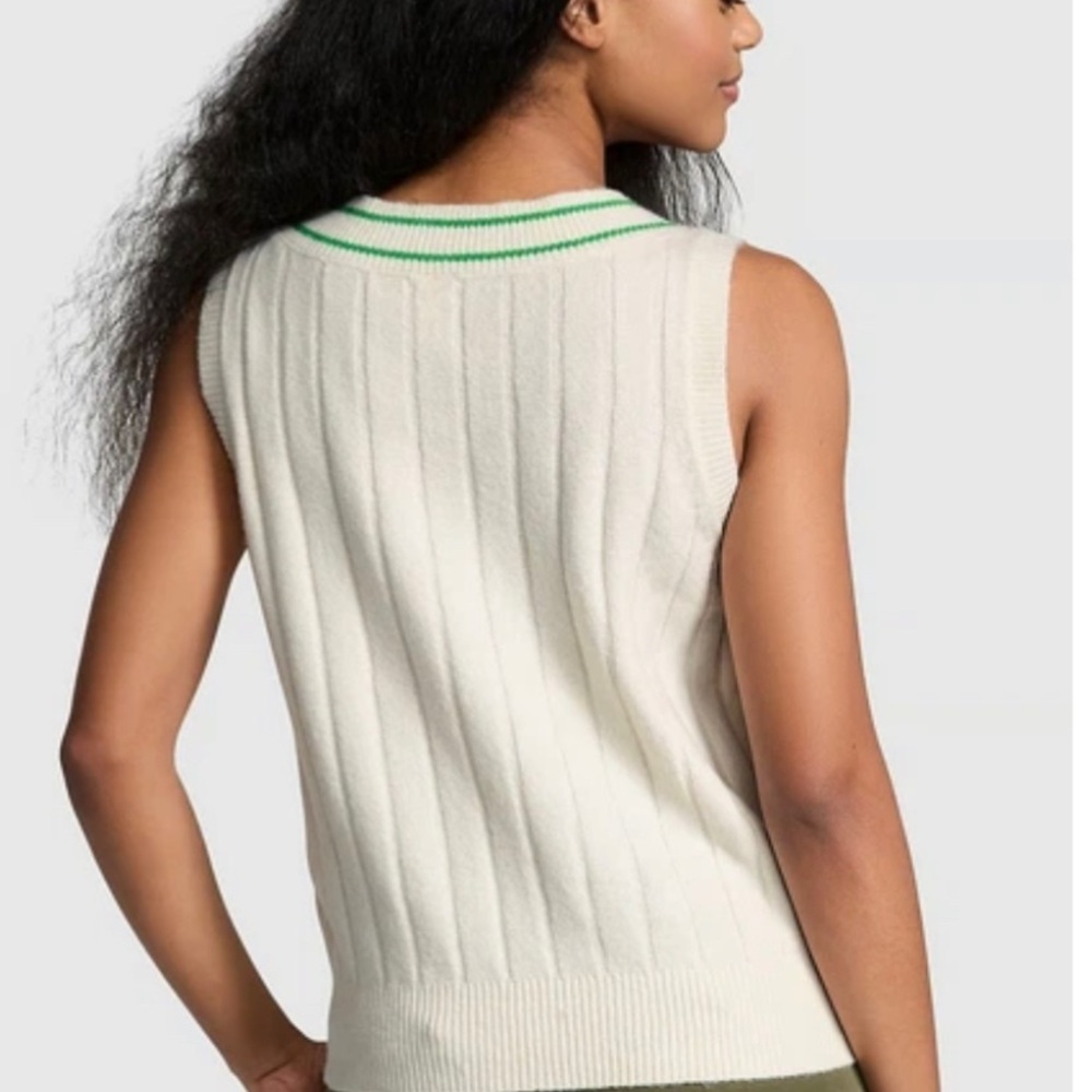 Pink Victoria secret Ivory Knit V-Neck Tennis Sweater Vest with Green Trim - Picture 2 of 8